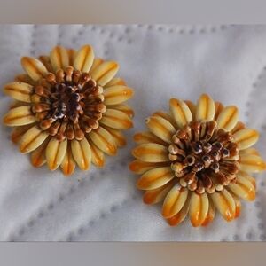 Vintage Sunflower Earrings Yellow Enamel Signed B.E.D.
